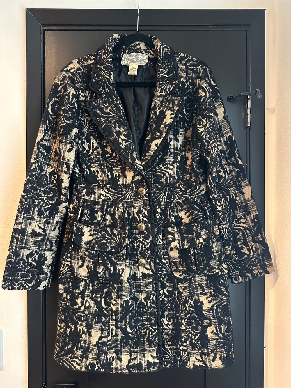 Black and Cream Patterned Jacquard Pea Coat!